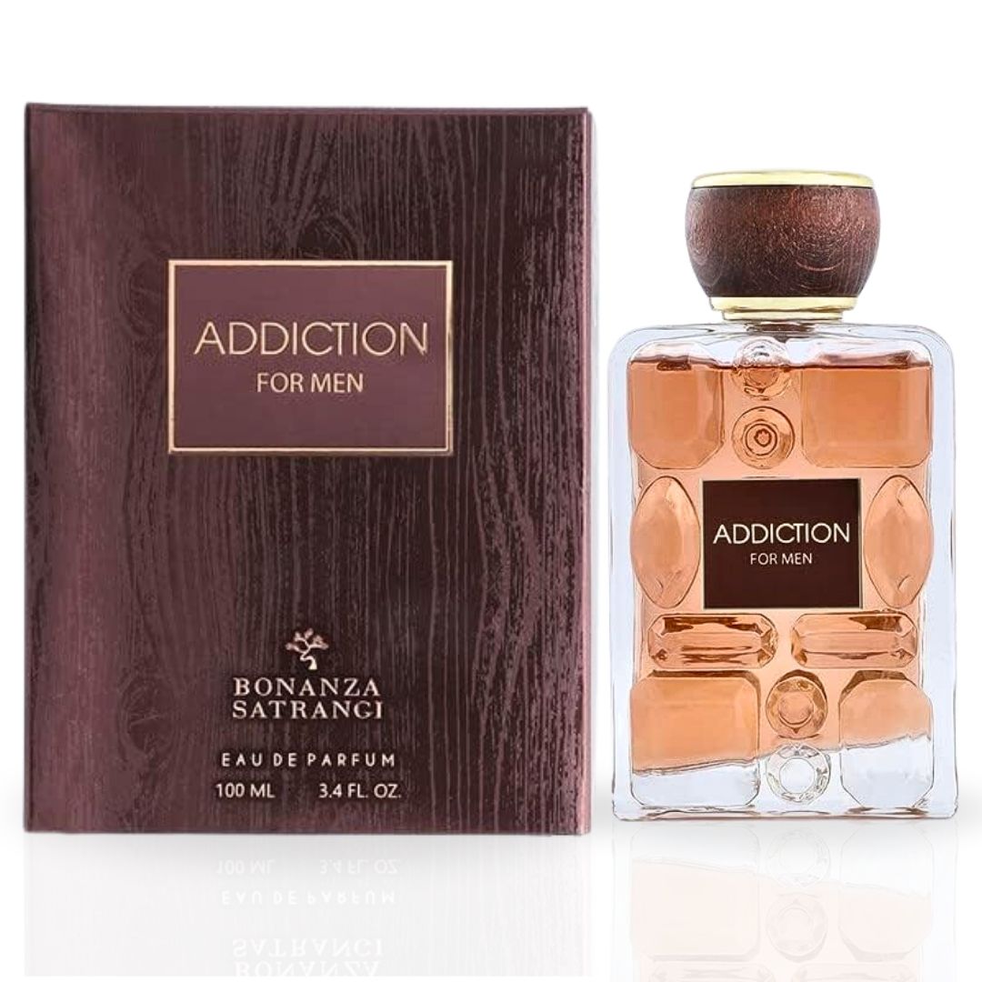 Addiction For Men EDP Spray 100ML (3.4 OZ) by Bonanza Satrangi | Long Lasting, Gourmand, Floral, Woody, Luxurious Fragrance.