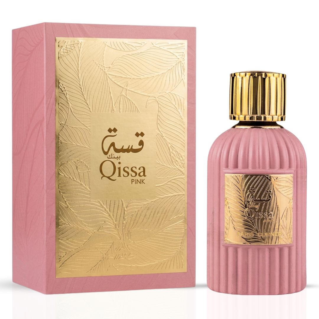 Qissa Pink Eau de Parfum Spray by Paris Corner in 100ml bottle, featuring a pink-colored floral fragrance design.