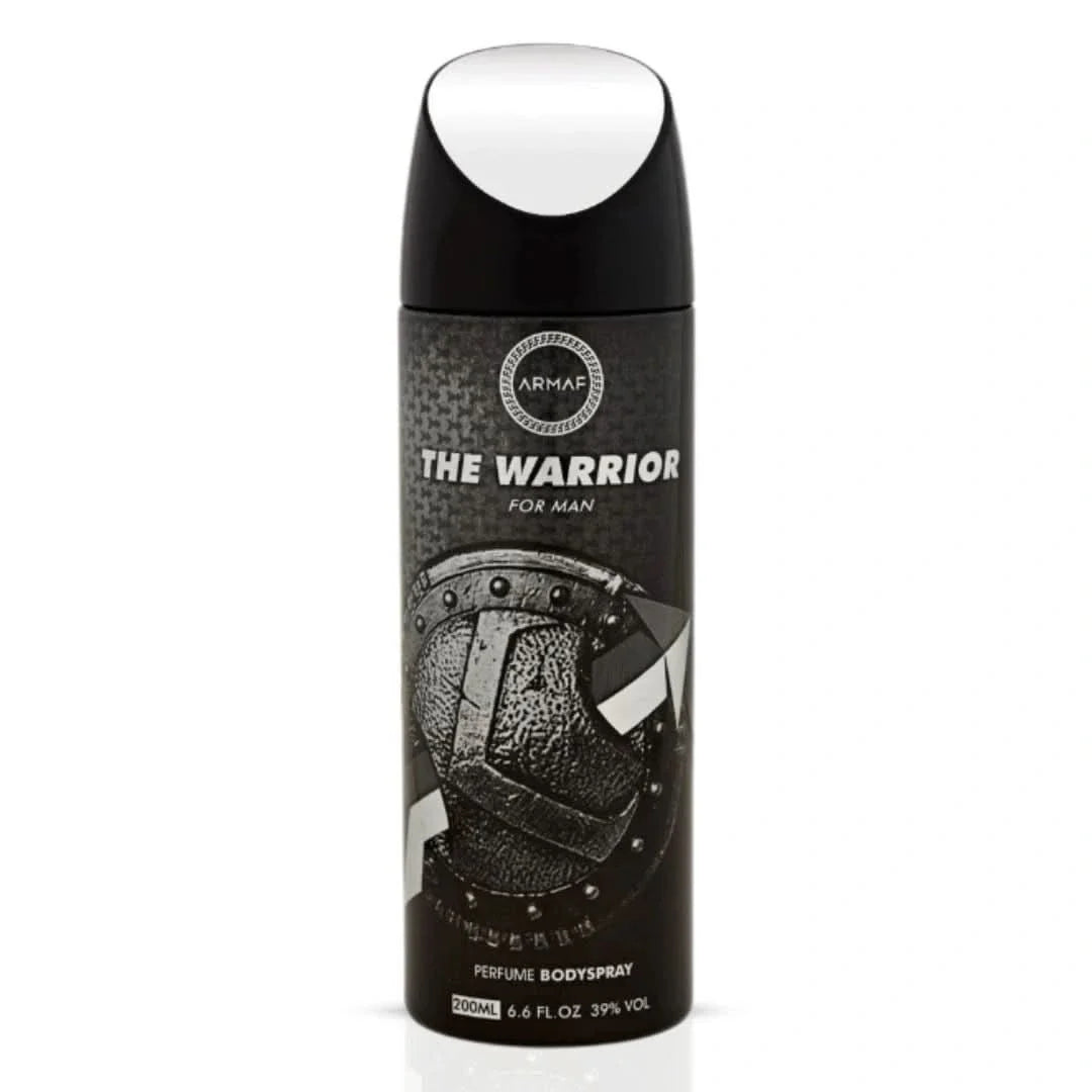 Armaf Warrior deodorant spray 200ml bottle with sleek black packaging and spray nozzle, designed for men’s freshness.