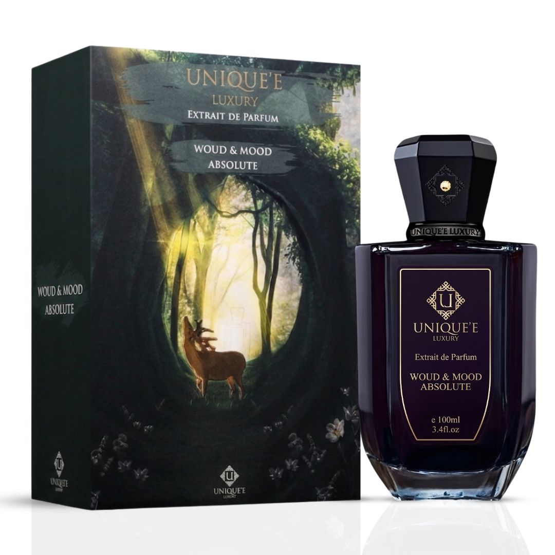 Unique'e Luxury Woud & Mood Absolute Extrait de Parfum 100ml EDP bottle with elegant design and dark fragrance liquid inside