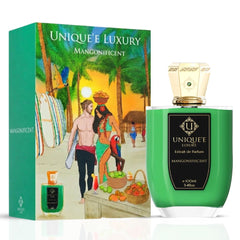 Unique'e Luxury Mangonifiscent Extrait de Parfum 100ml EDP bottle with elegant packaging and scent details visible.