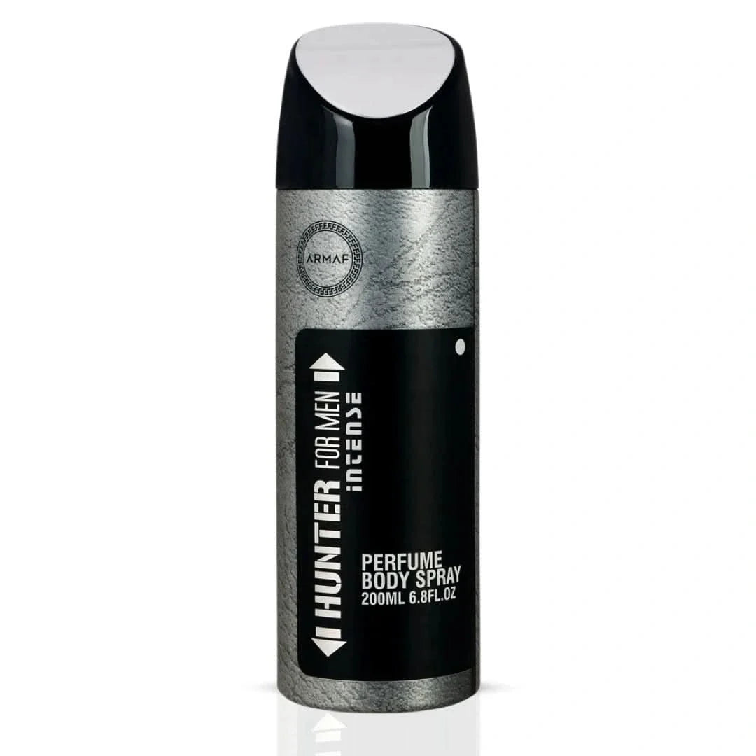 Hunter Intense deodorant spray by Armaf in 200ml bottle, showing the sleek silver and black packaging with spray nozzle.