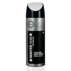 Hunter Intense deodorant spray by Armaf in 200ml bottle, showing the sleek silver and black packaging with spray nozzle.