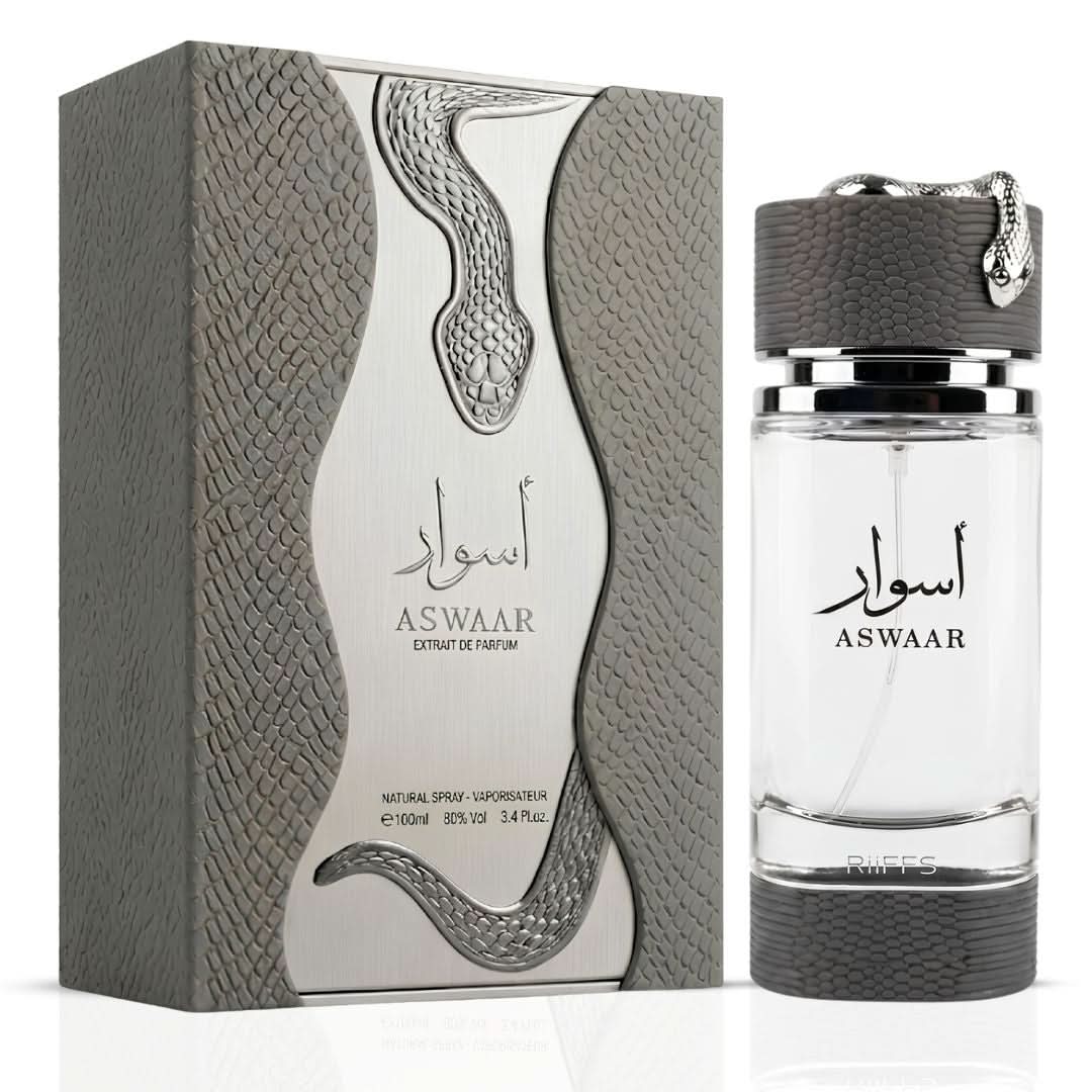 Riiffs Aswaar Extrait de Parfum spray 100ml, elegant glass bottle with gold accents, showcasing luxurious fragrance packaging.
