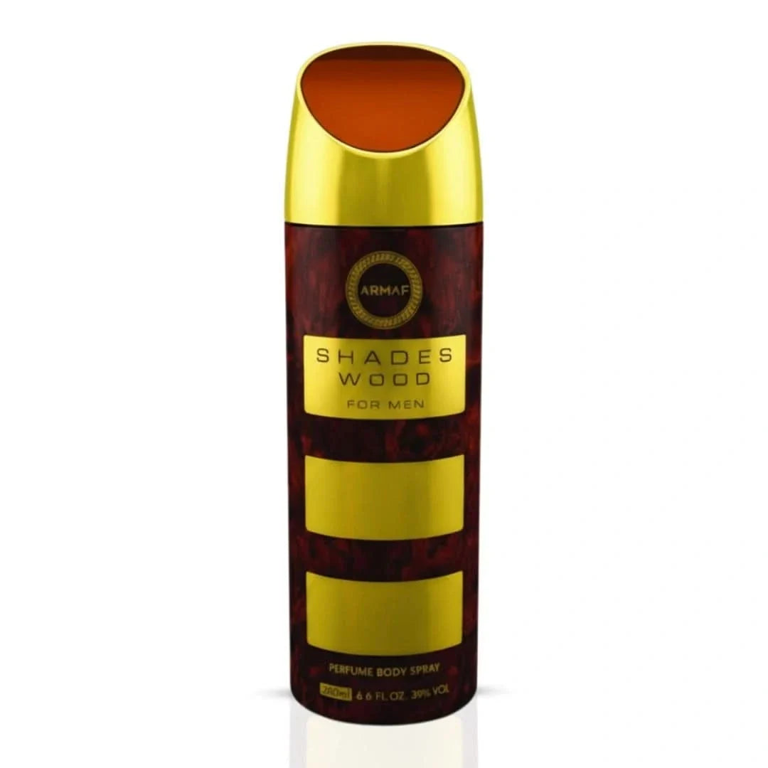 Armaf Shades Wood deodorant spray 200ml bottle with clear label, sleek design, and spray nozzle, on a plain background.