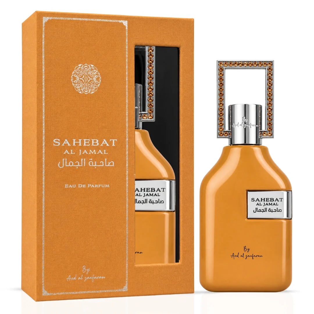 Sahebat Al Jamal Eau de Parfum spray by Ard Al Zaafaran, 100ml bottle with elegant design, showcasing the perfume's packaging.