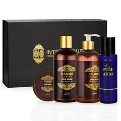 4PCS LUXURY OUD MUSK & Pure Arba - Bath & Body Gift Set Magnetic Box By Hamidi | Ultra Moisturizing, Skin-Nourishing, Naturally Derived Ingredients. (Pack Of 4)