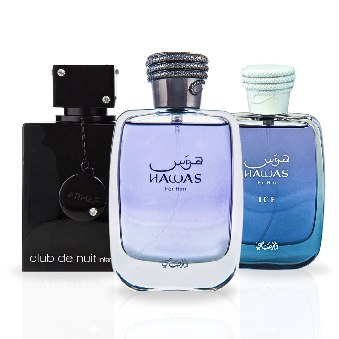 Hawas, Hawas Ice, Club De Nuit Intense - Eau De Parfum Sprays for Men | Long Lasting, Refreshing, Aquatic, Luxurious Masculine Scents. (VALUE PACK)