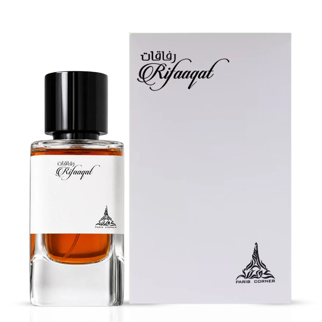 Rifaaqat Eau de Parfum spray by Paris Corner, 80ml bottle with elegant packaging, showcasing the fragrance design.
