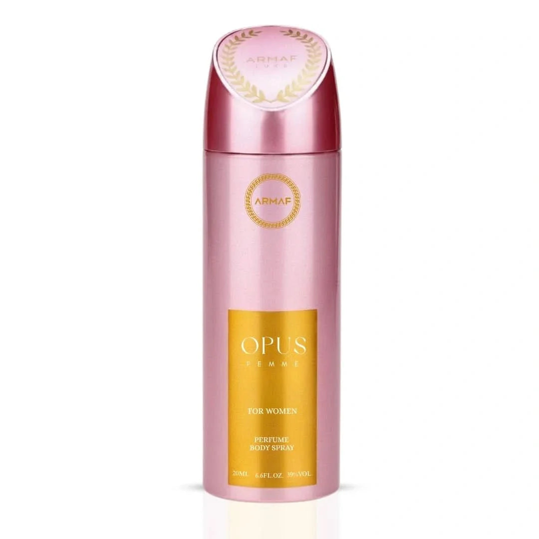 Armaf Opus Woman deodorant spray bottle, 200ml, with sleek packaging and spray nozzle, designed for feminine freshness.