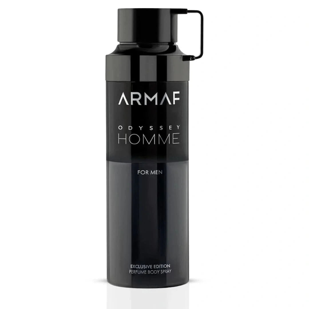 Armaf Odyssey Homme Deodorant Spray 200ml, sleek silver can with black accents, designed for men's freshness and protection.