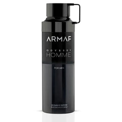 Armaf Odyssey Homme Deodorant Spray 200ml, sleek silver can with black accents, designed for men's freshness and protection.