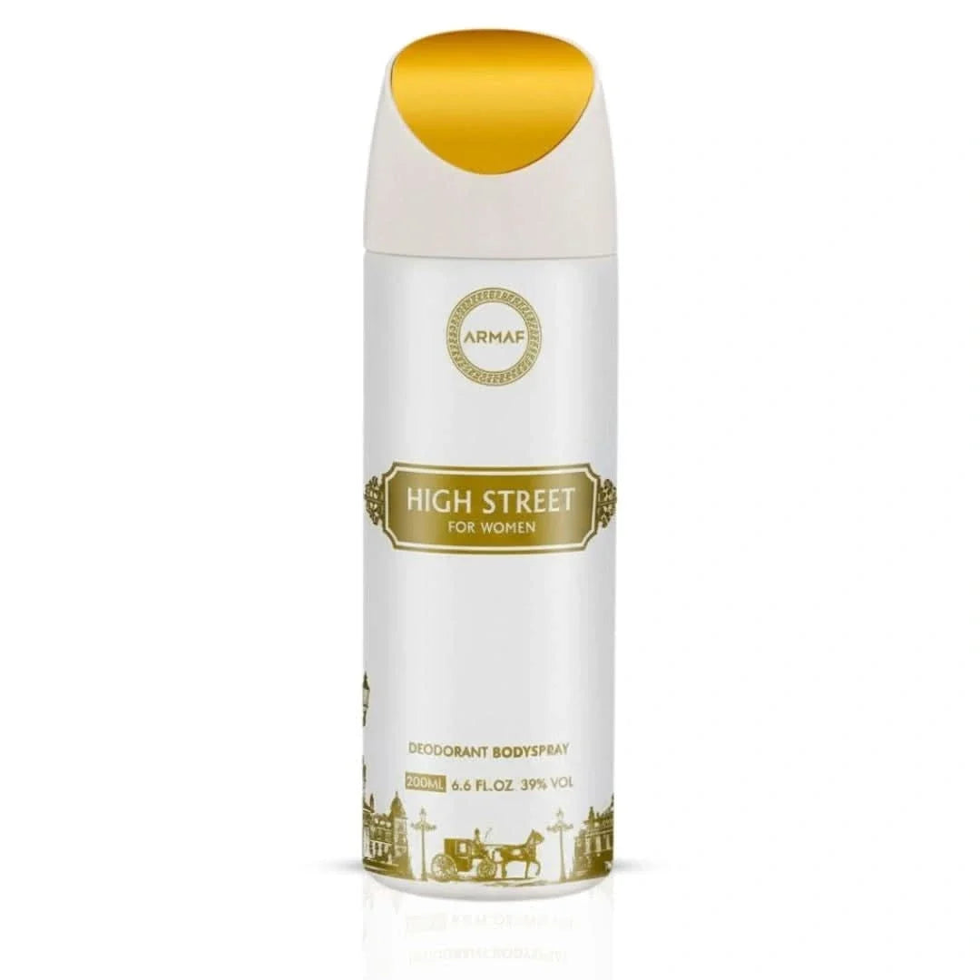 Armaf High Street Deodorant Spray 200ml bottle with sleek design, offering fresh scent and odor protection.