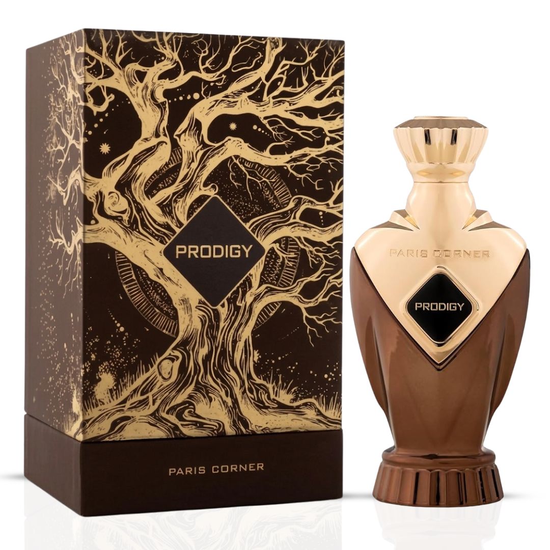 Prodigy Eau de Parfum Spray by Paris Corner, 100ml bottle, elegant glass design, showcasing the fragrance's sleek packaging.