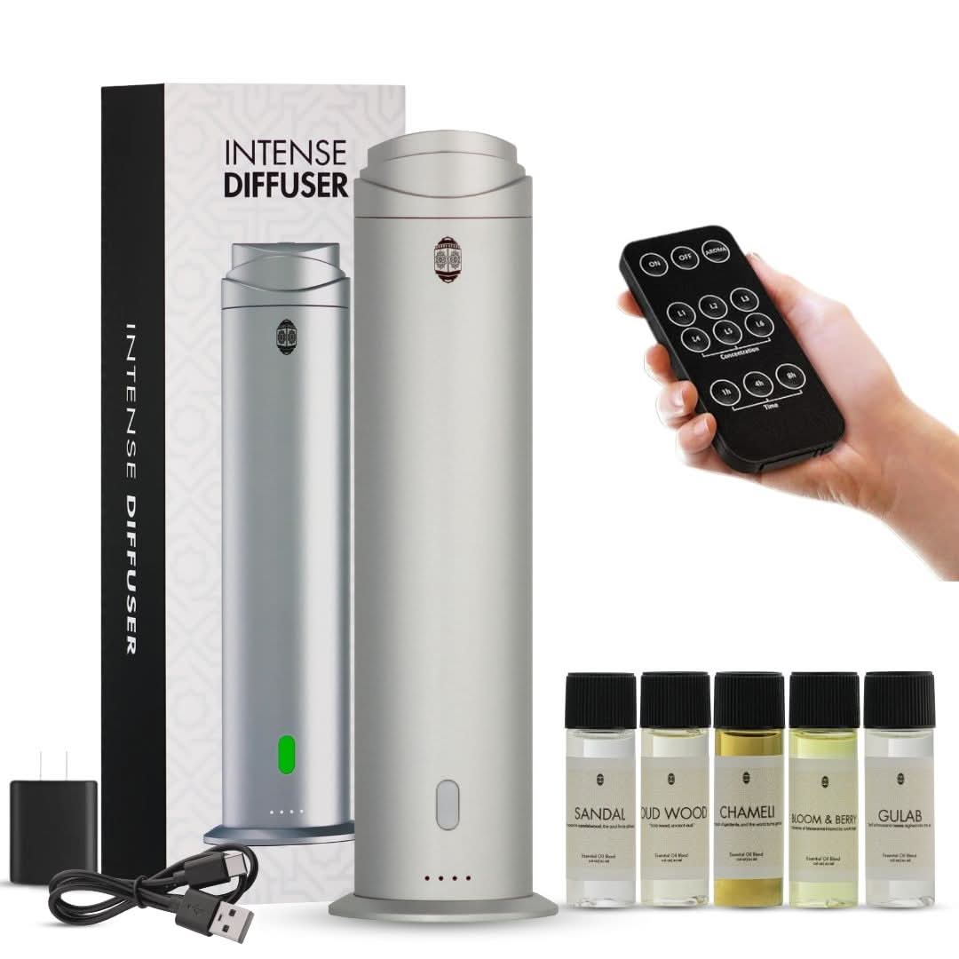 Intense Diffuser Silver – 120ml, Aromatherapy Diffuser with Remote, Covers 1000 Sq Ft, Adjustable Mist & Timer, Starter Kit for Home, Office & Hotel - Waterless - Intense Oud