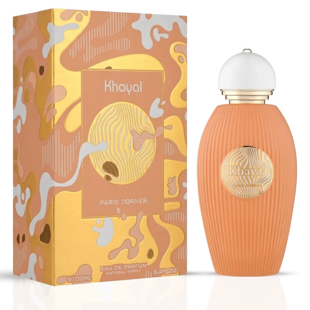 Khayal Eau de Parfum spray 100ml by Paris Corner featuring a sleek glass bottle with a silver cap and elegant fragrance label.