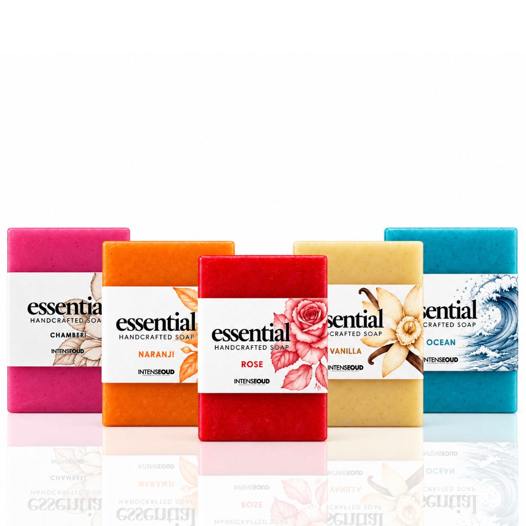 Assorted handmade soaps by Intense Oud, including Chameli, Vanilla, Rose, Naranji, and Ocean scents, in 150gms collection.