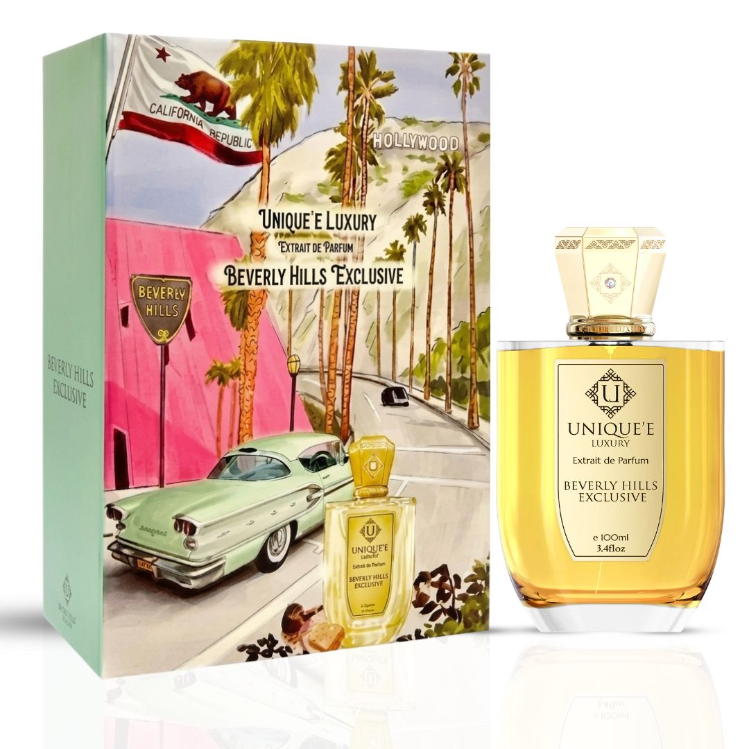 Beverly Hills Exclusive Extrait de Parfum by Unique'e Luxury 100ml EDP bottle with elegant packaging and gold accents.