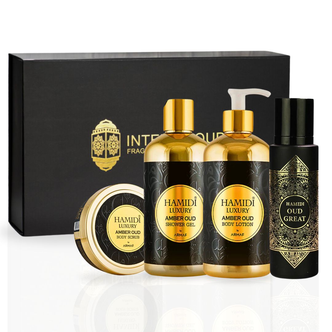 4PCS LUXURY AMBER OUD & Oud Great - Bath & Body Gift Set Magnetic Box By Hamidi | Ultra Moisturizing, Skin-Nourishing, Naturally Derived Ingredients. (Pack Of 4)