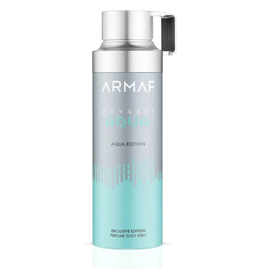 Odyssey Aqua Edition deodorant spray by Armaf in 200ml bottle, shown with sleek packaging and spray nozzle.