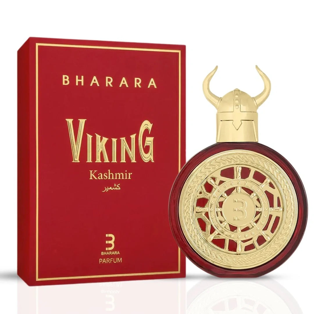 Bharara Viking Kashmir Eau De Parfum spray bottle 100ml with intricate design, showcasing the elegant fragrance packaging.