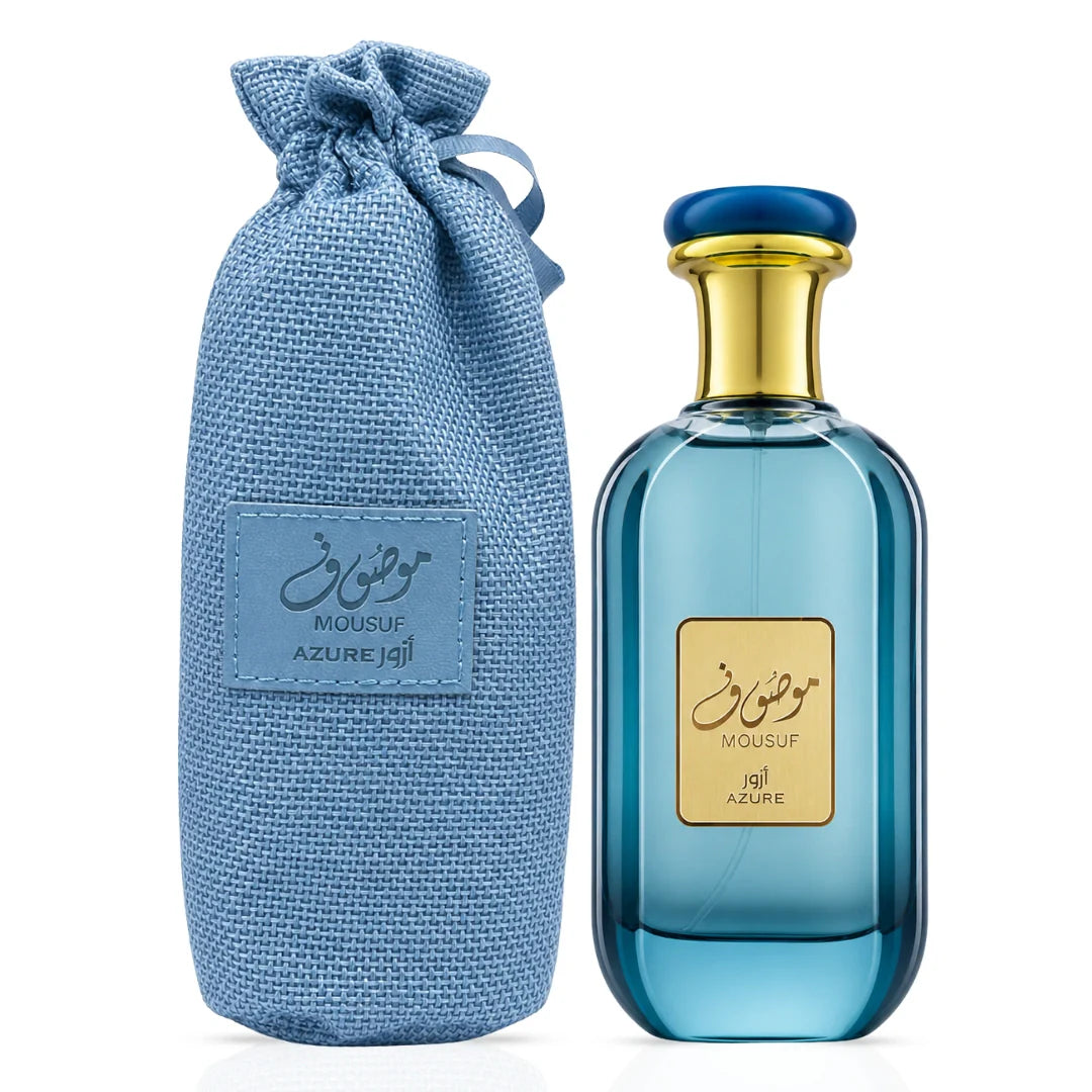 Mousaf Azure Eau de Parfum spray by Ard Al Zaafaran, 100ml bottle, elegant design, showcasing the perfume bottle with blue accents.