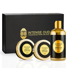 3PCS LUXURY AMBER OUD - Bath & Body Gift Set Magnetic Box By Hamidi | Ultra Moisturizing, Skin-Nourishing, Naturally Derived Ingredients. (Pack Of 3)