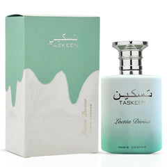 Taskeen Lactéa Divina Eau de Parfum spray by Paris Corner, 100ml, featuring elegant perfume bottle with gold accents and floral design.