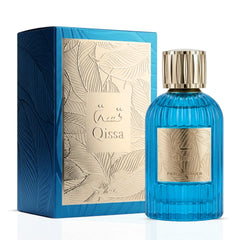 Qissa Blue Eau de Parfum spray by Paris Corner in 100ml bottle, featuring a sleek design and vibrant blue liquid.