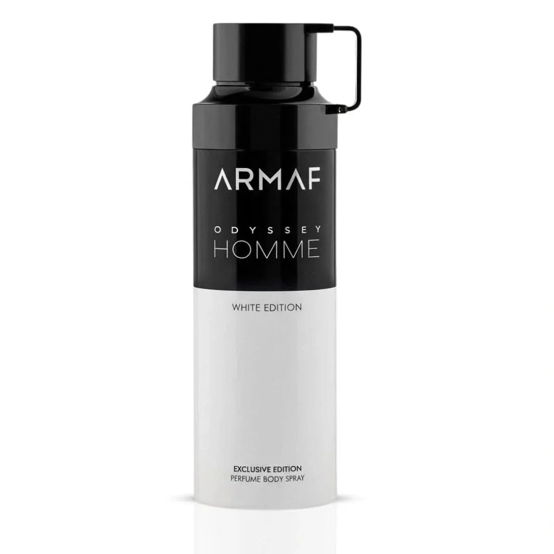 Odyssey Homme White Edition deodorant spray by Armaf, 200ml, with a sleek white bottle and modern design.