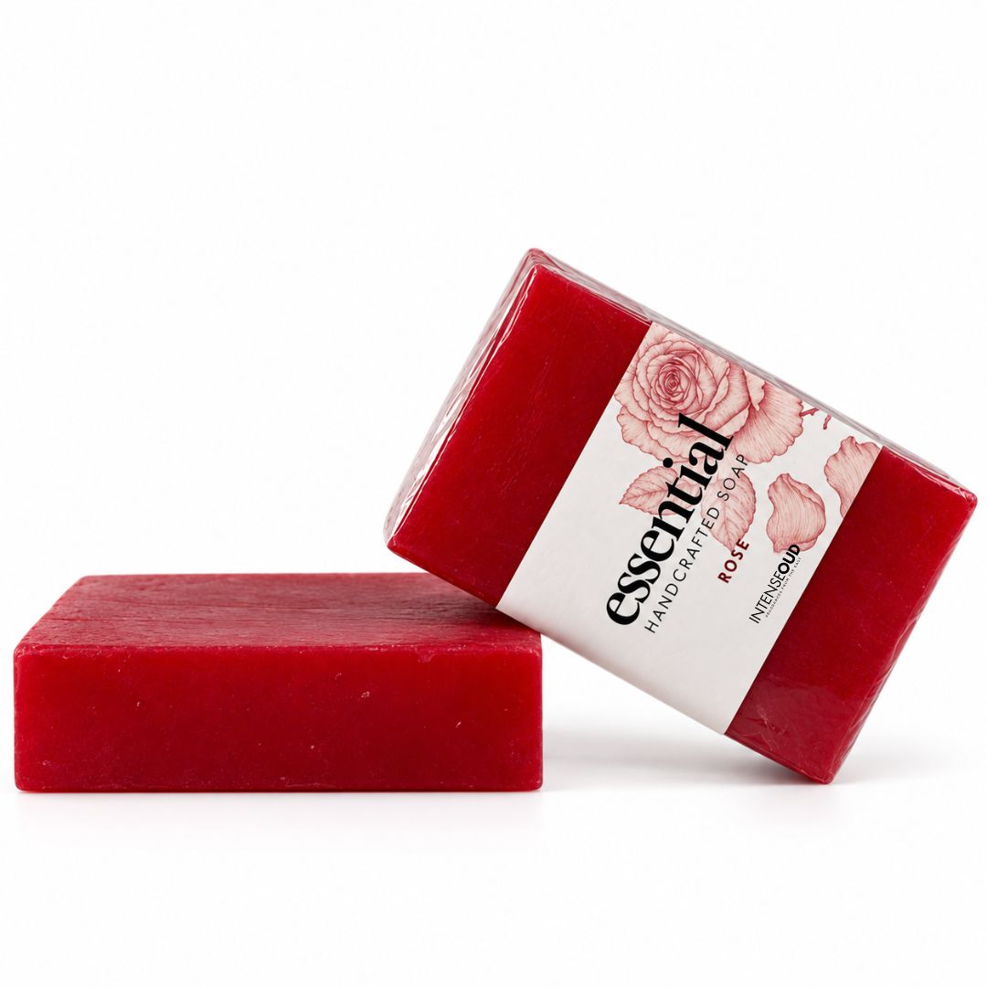 Handmade rose soap by Intense Oud, 150g, featuring a pink rose-shaped soap with floral scent and intricate design.