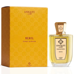 Beril Extrait de Parfum Spray by Unique'e Luxury, 100ml EDP bottle with elegant design and gold accents.