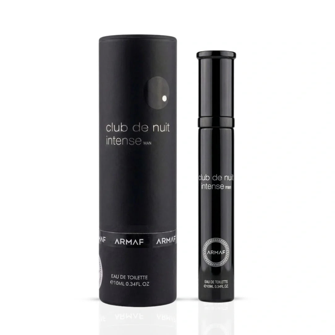 Travel size Armaf Club De Nuit Intense Man Eau de Toilette spray, 10ml, with silver cap and sleek black packaging.