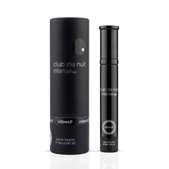 Travel size Armaf Club De Nuit Intense Man Eau de Toilette spray, 10ml, with silver cap and sleek black packaging.