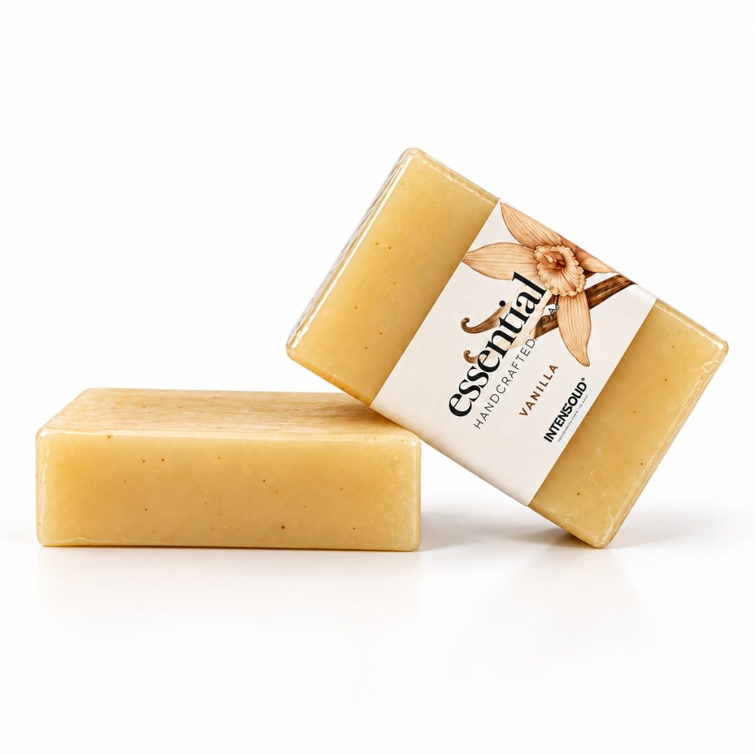 Vanilla handmade soap by Intense Oud, 150g, showing a creamy soap bar with vanilla and natural ingredients.