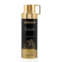 Odyssey Wild One Gold Edition deodorant spray by Armaf, 200ml bottle with gold accents on the packaging.