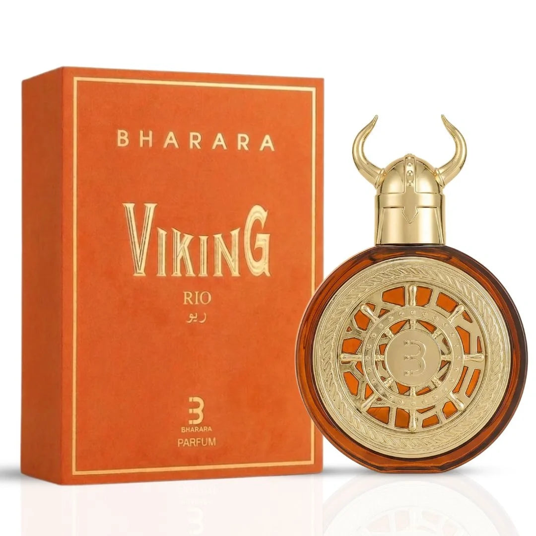 Bharara Viking Rio Eau de Parfum spray 100ml bottle with black cap and sleek design by Bharara, showcasing the fragrance.
