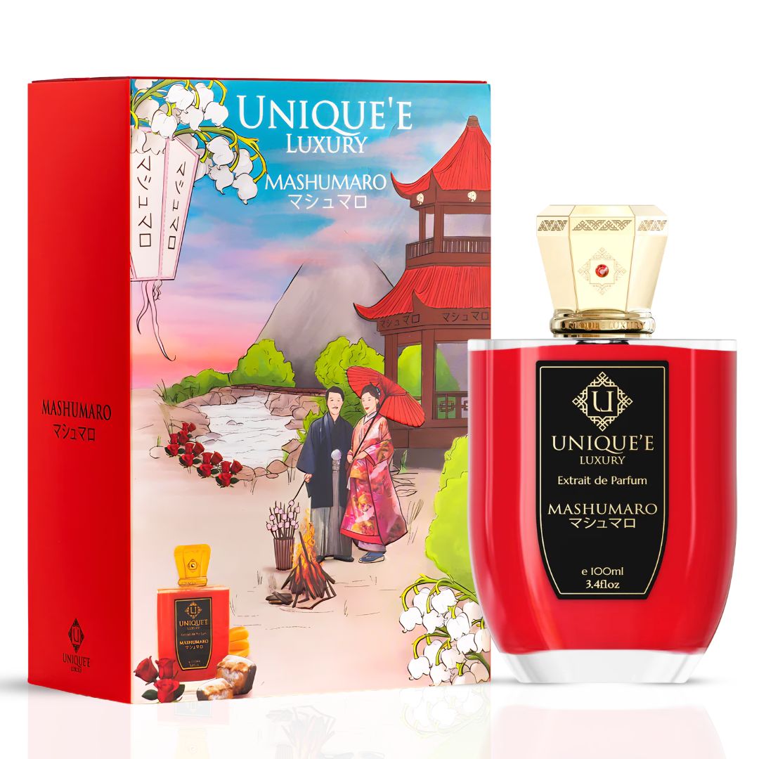 Unique'e Luxury Mashumaro Extrait de Parfum 100ml EDP bottle with elegant design and gold accents on a neutral background.