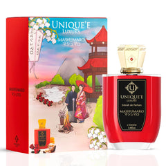 Unique'e Luxury Mashumaro Extrait de Parfum 100ml EDP bottle with elegant design and gold accents on a neutral background.