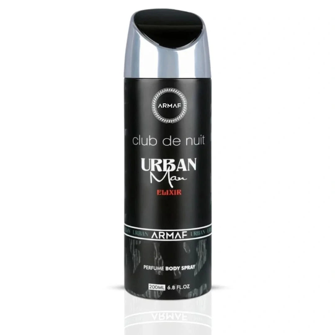 Armaf Club De Nuit Urban Elixir deodorant spray 200ml bottle with sleek design and branding, ready for daily use.