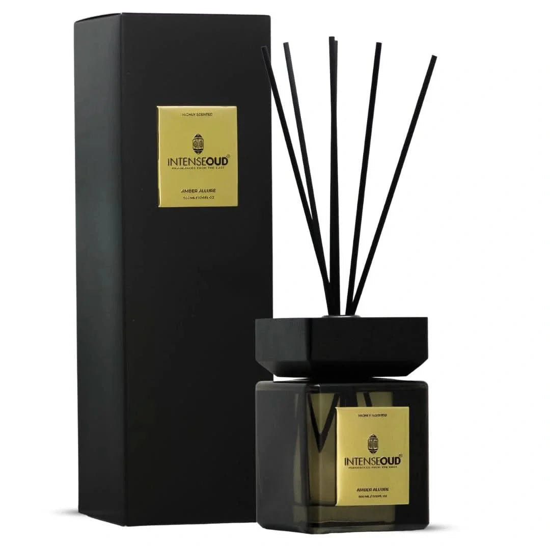 INTENSE OUD Reed Diffuser, Amber Allure – 500ml (17.6 oz) – Fragrance for Up to 90 Days – Reusable, Refillable Glass Holder and Includes 6 All-Natural Reed Sticks - Intense Oud