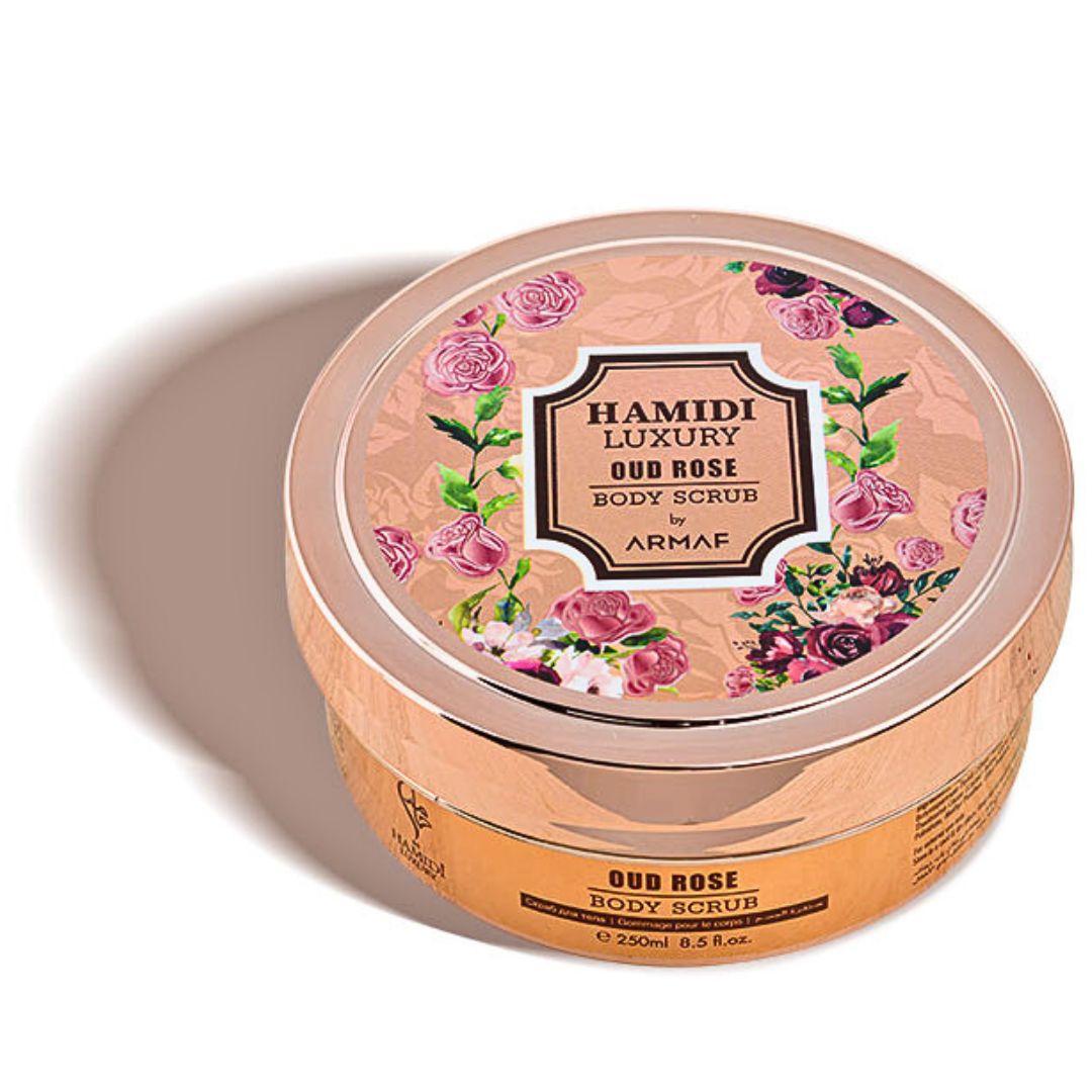 LUXURY OUD ROSE BODY SCRUB 250ML (8.4 OZ) By Hamidi | Gently Exfoliates For Soft & Smooth Skin, Naturally Derived Ingredients.