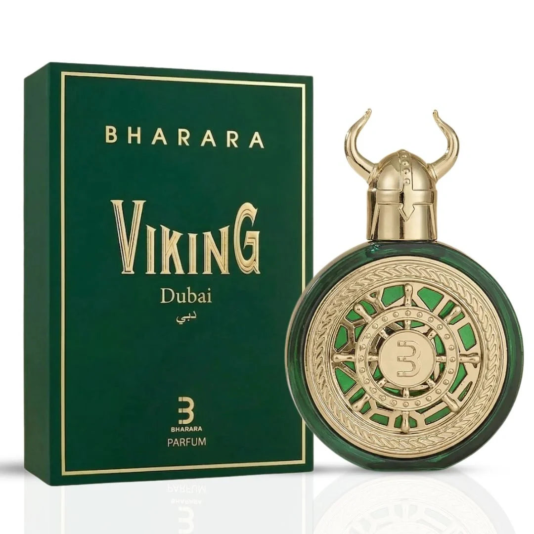 Bharara Viking Dubai Eau De Parfum spray bottle, 100ml, with sleek design and BHARARA branding for men.