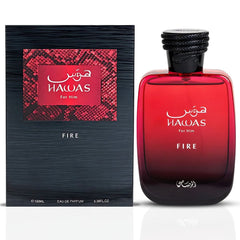 Hawas Fire For Him Eau De Parfum Spray 100ML (3.4 OZ) By Rasasi | Ignite Your Inner Passion With A Bold And Fiery Essence—Experience A Long Lasting & Luxurious Masculine Scent.