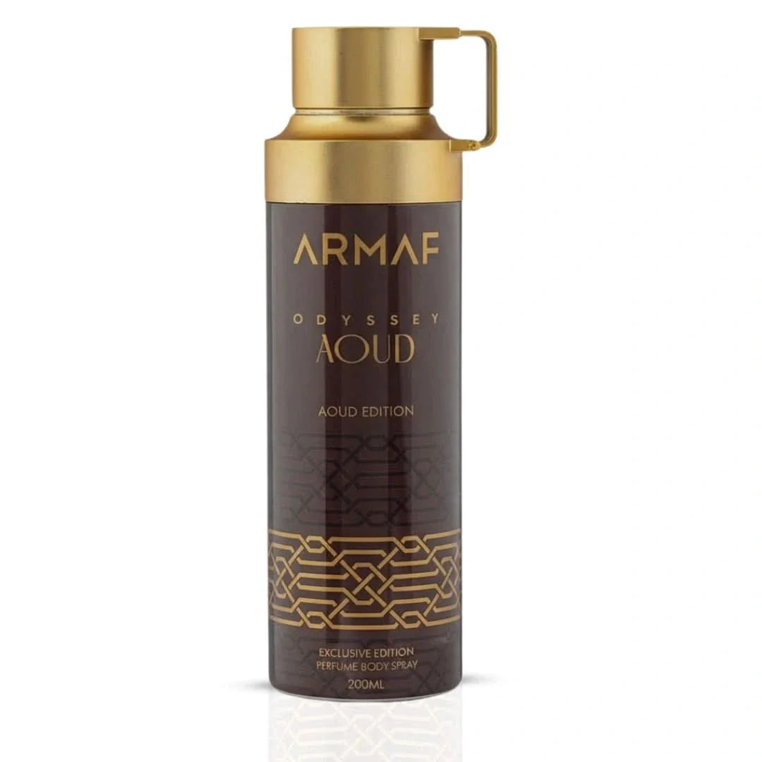 Odyssey Aoud deodorant spray by Armaf, 200ml bottle, with a sleek design and spray nozzle, designed for freshening and scenting.