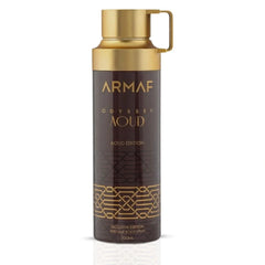Odyssey Aoud deodorant spray by Armaf, 200ml bottle, with a sleek design and spray nozzle, designed for freshening and scenting.