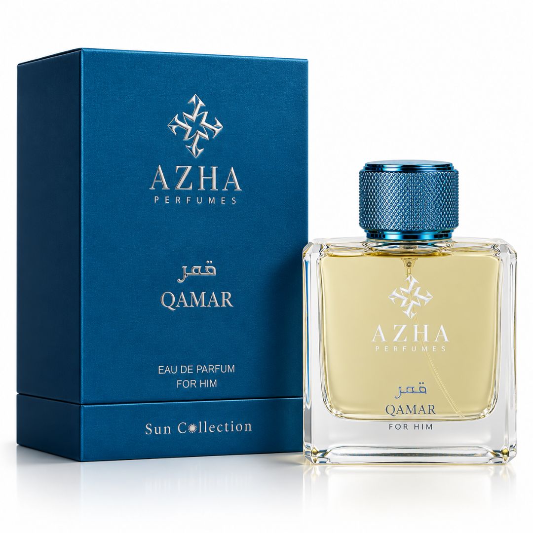 Qamar Eau de Parfum Spray by AZHA, 100ml, featuring a sleek bottle design and elegant fragrance presentation.