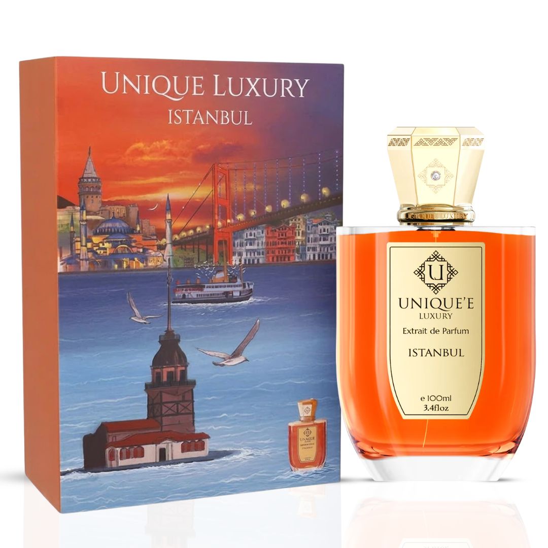 Istanbul Extrait de Parfum by Unique'e Luxury in a 100ml bottle, showcasing the elegant glass perfume bottle with a gold cap.