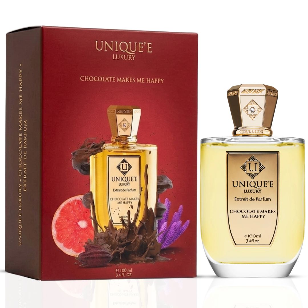 Unique'e Luxury Chocolate Makes Me Happy EDP extrait de parfum spray bottle, 100ml, with elegant packaging and luxurious design.