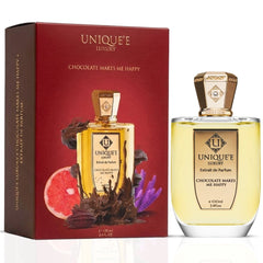 Unique'e Luxury Chocolate Makes Me Happy EDP extrait de parfum spray bottle, 100ml, with elegant packaging and luxurious design.